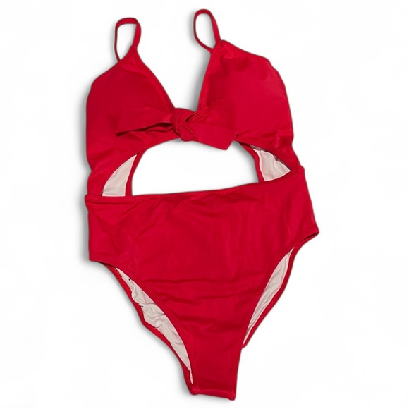 FRONT TIE RED ONE-PIECE SWIMSUIT - Picture 2 of 4